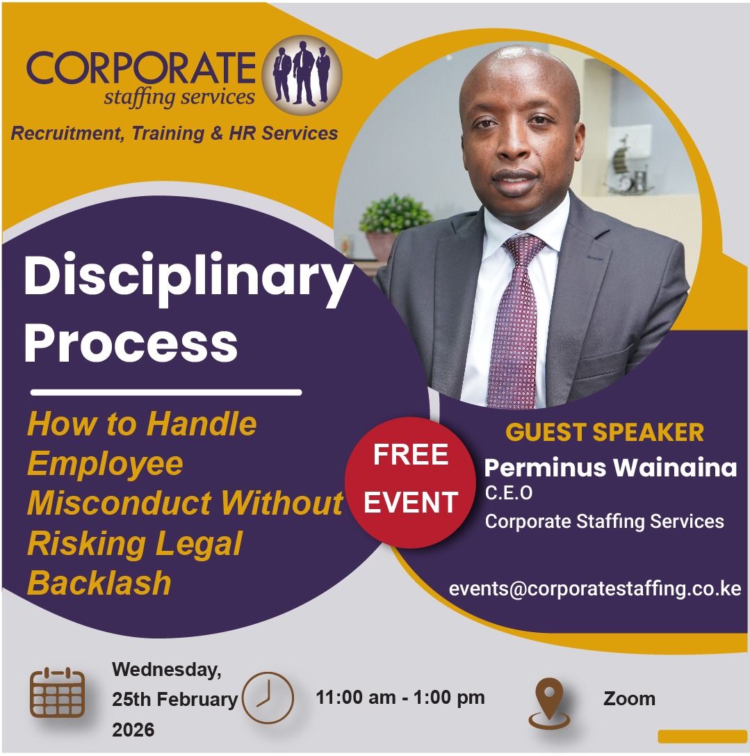 PerminusHR's tweet photo. Let’s be honest, dealing with employee misconduct is one of the trickiest parts of HR and leadership.

Ignore it, and it undermines your authority and demoralizes the team.

Handle it wrong, and you risk grievances, labor disputes, or worse; lawsuits.

And here’s the reality in Kenya today: employees know their rights. Very well. Cases of lawsuits against employers over mishandled disciplinary processes are on the rise. 

Companies are facing fines, penalties, and reputational damages for issues that could have been avoided with the right approach.

This is where most organizations get it wrong. Leaders and HR teams either act too harshly, too slowly, or skip proper documentation all of which can backfire. 

And suddenly, what should have been a straightforward disciplinary action turns into a legal nightmare.

So, what’s the solution?

We’re hosting a Free Online Event:
Disciplinary Process: How to Handle Employee Misconduct Without Risking Legal Backlash

Date: 25th February 2026
 Time: 11:00 AM – 1:00 PM
 Platform: Zoom

This session is designed to give you practical, step-by-step guidance on managing disciplinary issues while staying legally compliant and fair. No jargon, no legalese just clear frameworks you can use in your organization from day one.

What You’ll Learn

- The      common mistakes that get employers into legal trouble
- How      to investigate misconduct thoroughly and fairly
Correct      documentation practices that protect your organization
How      to balance accountability with employee rights
Step-by-step      disciplinary procedures that comply with Kenyan labor laws
Who Should Attend
HR      Managers & HR Officers
CEOs,      Founders, and Directors
C-Suite      Executives
Business      Owners and Decision-Makers
Why You Should Attend
If you’ve ever worried about taking action against misconduct, or if you’ve seen disciplinary matters spiral into disputes, this session is for you.
Click here to register and secure your spot. https://t.co/pPDoyQ6Cl3