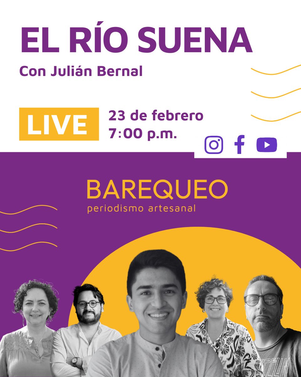 #ElRíoSuena youtube.com/@Barequeoperio… Los esperamos hoy a las 7:00 p. m. para barequear sobre elecciones y otros temas con <a href="/julianbernalosp/">Julián Bernal Ospina</a> <a href="/Adrivillegas/">Adriana Villegas Botero</a> <a href="/animesa/">Ana María Mesa Villegas</a> <a href="/Demeuna/">Alejandro Samper</a> y <a href="/CamiloVallejoG/">Camilo Vallejo Giraldo</a> . 
Pueden ver las charlas anteriores de El Río Suena en Youtube y Spotify.