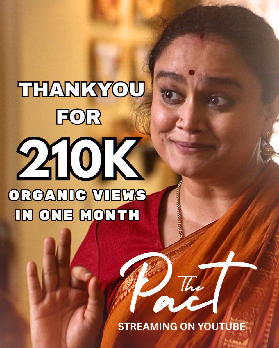 Apurvasrani's tweet image. The Pact crosses 2,10,000 views on YouTube - one month since release. And it’s growing by the minute! 🎉
No marketing; Just word of mouth, &amp;amp; a push from some kind people from the press.
Grateful to all who watched, felt something, &amp;amp; passed it on — especially to their fathers. ❤️