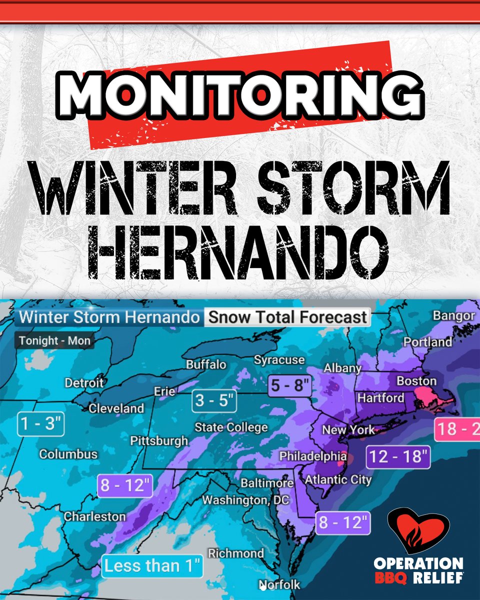 OpBBQRelief's tweet image. Our team is closely monitoring the impact of Winter Storm Hernando, which is currently affecting the Northeastern and Mid-Atlantic states. You can help. If you know of mass feeding needs in your area, please contact us at Operations@obr.org.

#OperationBBQRelief #WinterStorm