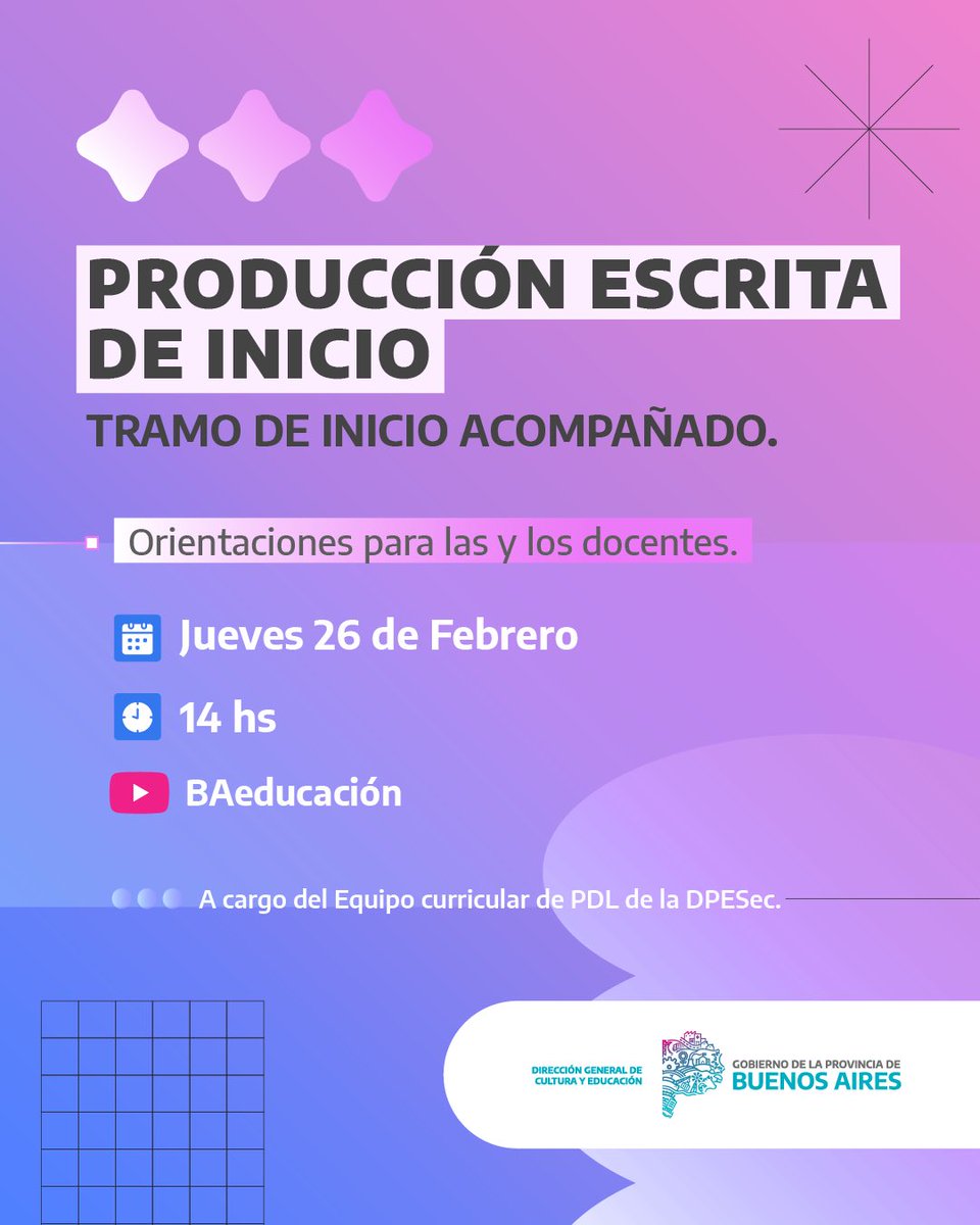 SecundariaDGCYE's tweet photo. 👉🏻Invitamos a las y los docentes de Prácticas del Lenguaje de primer año y a los equipos de conducción a participar de las orientaciones sobre la producción escrita del Tramo de Inicio Acompañado.

▶️https://t.co/PzS3W2NkIK

@GustavoJGalli @BAeducacion https://t.co/V0aFV6uXsQ