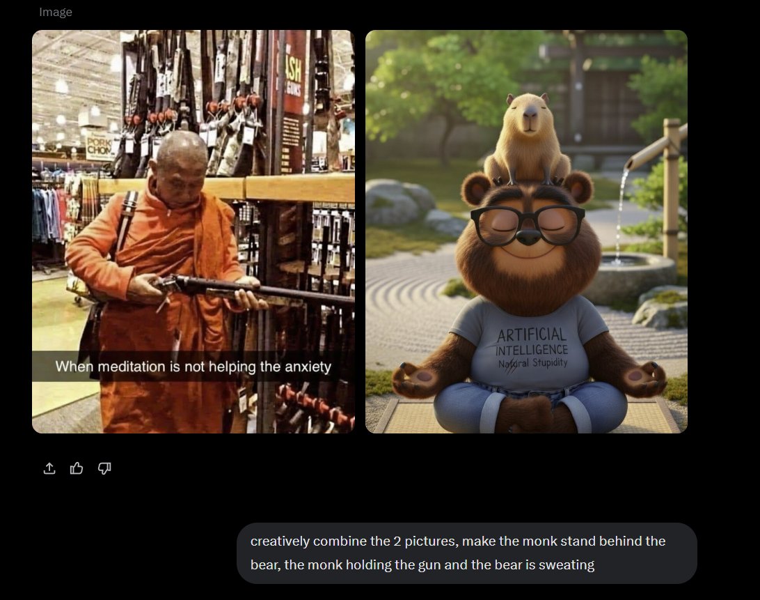 OldBearLearnsAI's tweet image. Failed AI Prompt: Was trying to combine both the pictures using Grok Imagine.  Read Thread for what it turns out to be..😂
#AIExperiments #GrokImagine
