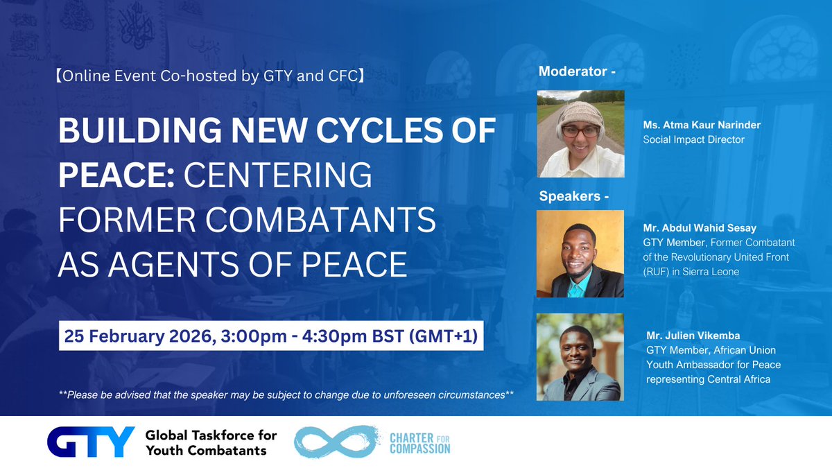 gt4y__'s tweet photo. 🕊️Building New Cycles of Peace

What if former youth combatants are seen as peacebuilders? Hear from a former armed group member (Sierra Leone) and a reintegration peacebuilder (DR Congo).

📅February 25, 3:00 PM BST|📍Zoom

#GTY #CharterForCompassion https://t.co/CjjLTS0dey
