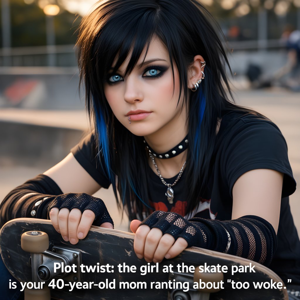 nll_fx's tweet image. Plot twist: the emo skater girl from 2003 is now a 40-year-old mom ranting about things being “too woke.”
Time is a circle. 🛹🖤
#PlotTwist #Millennial #AgingPunks #EmoForever