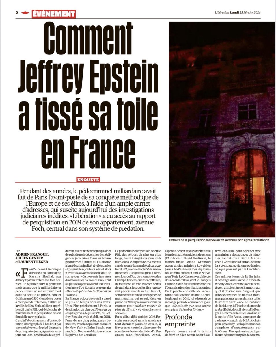 MaceScaron's tweet photo. Formidable enquête de @libe aujourd’hui sur le système Epstein.
Libération dévoile que, lors d'une
perquisition en 2019, des
enquêteurs avaient découvert
L’appartement cauche-
mardesque du prédateur. Et après? Plus rien … https://t.co/v39S7ZhYwc