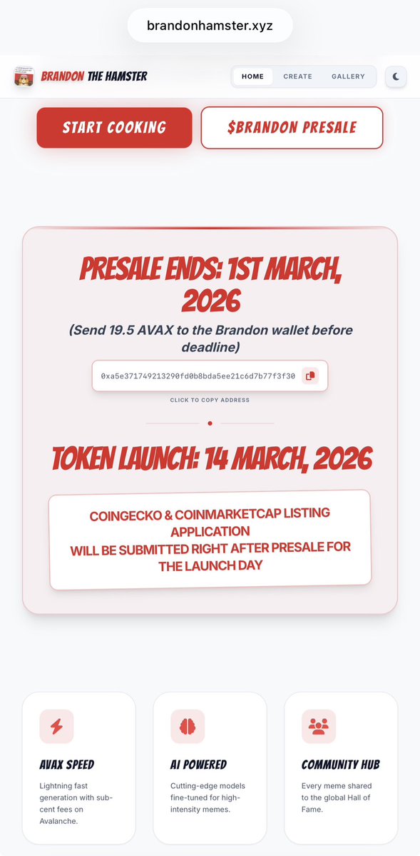 Pushed major Updates &amp; Announcement on
brandonhamster.xyz
 
Announcement:
-Presale Token ends on 1/Mar/26 (1Wk).
-NFT holders can now send their Avax commitments to the brandon wallet for the $BRANDON token airdrop on launch)
-Brandon will file for listings on coingecko and
