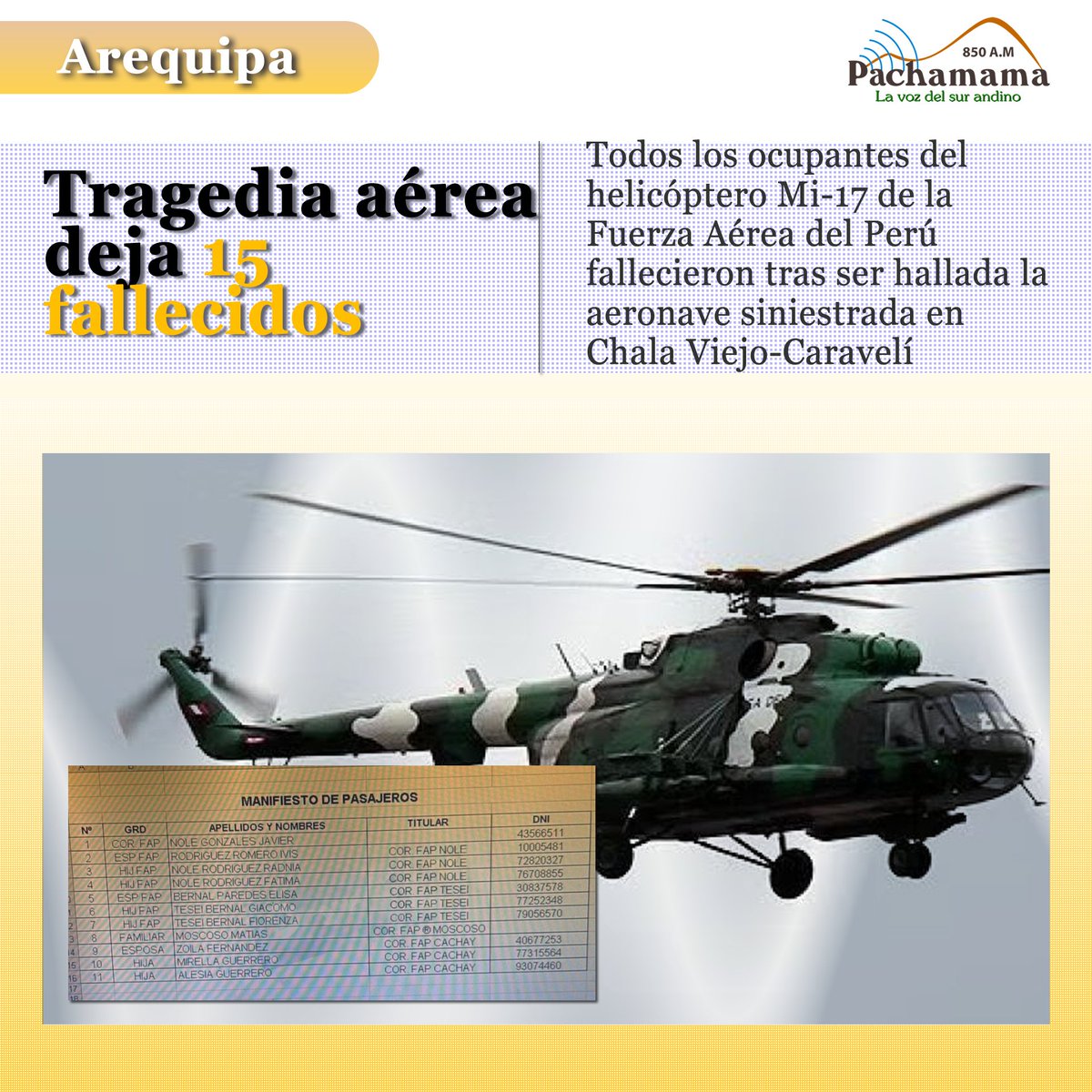PachamamaRadio_'s tweet photo. Todos los ocupantes del helicóptero Mi-17 de la Fuerza Aérea del Perú fallecieron tras ser hallada la aeronave siniestrada en Chala Viejo - Caravelí. Entre las víctimas figuran cuatro tripulantes y once pasajeros, incluidos siete menores.
#Arequipa #accidentehelicoptero https://t.co/9DtZhfDf4v