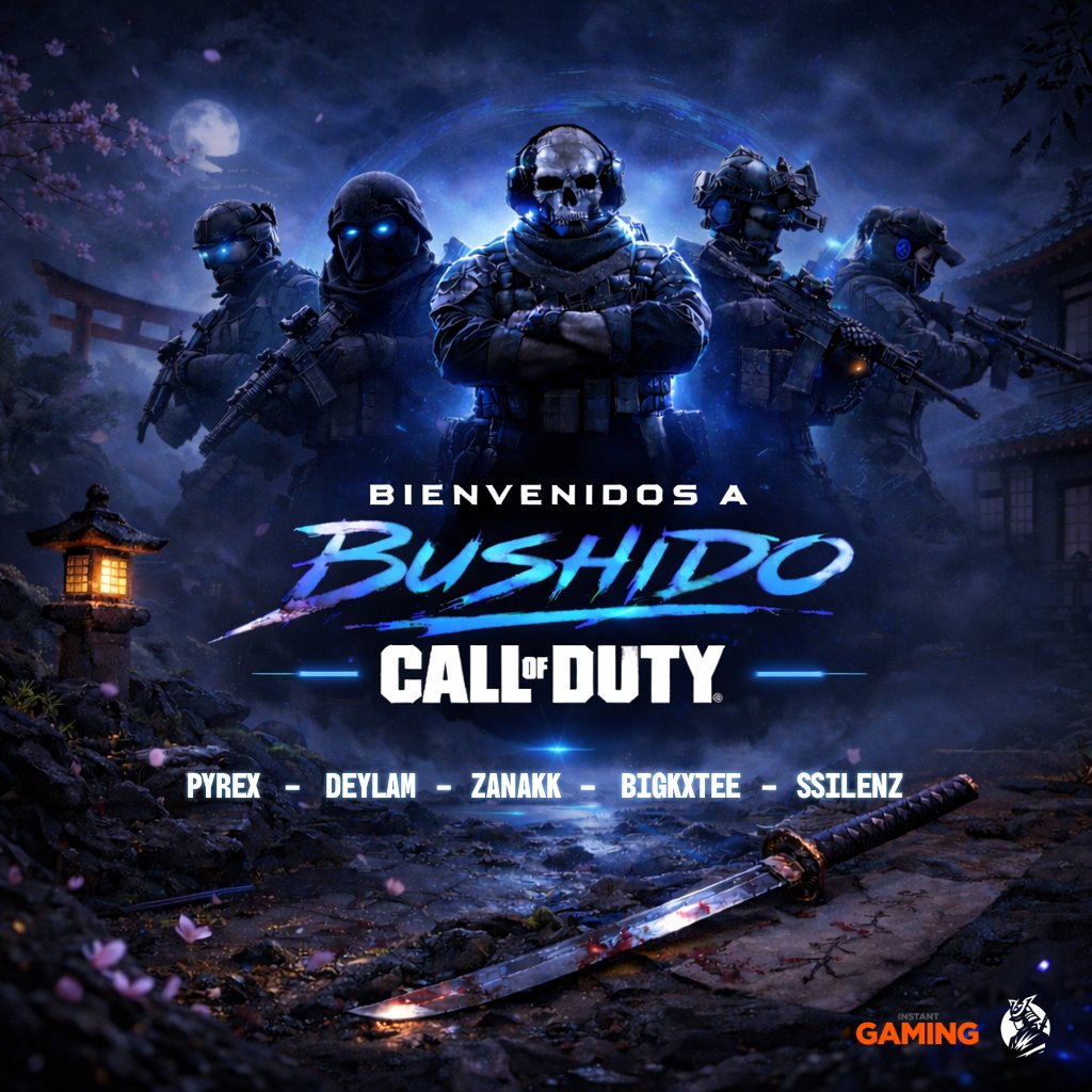 ✴️Este es el equipo que nos va a representar en Call of Duty✴️

<a href="/ZaNaKkz/">ZaNaKkz</a>  - SMG
<a href="/SSilenz_/">alex𓆰𓆪</a>  - SMG
<a href="/BigKxTee/">Mario🐺</a>  - AR
<a href="/xDarknessxx07/">Pyrex</a>  - AR
<a href="/ohhdeylam/">Javii</a> - Sub

Vamos a por todas.

#GoBushido #WeAreBushido #BSWIN