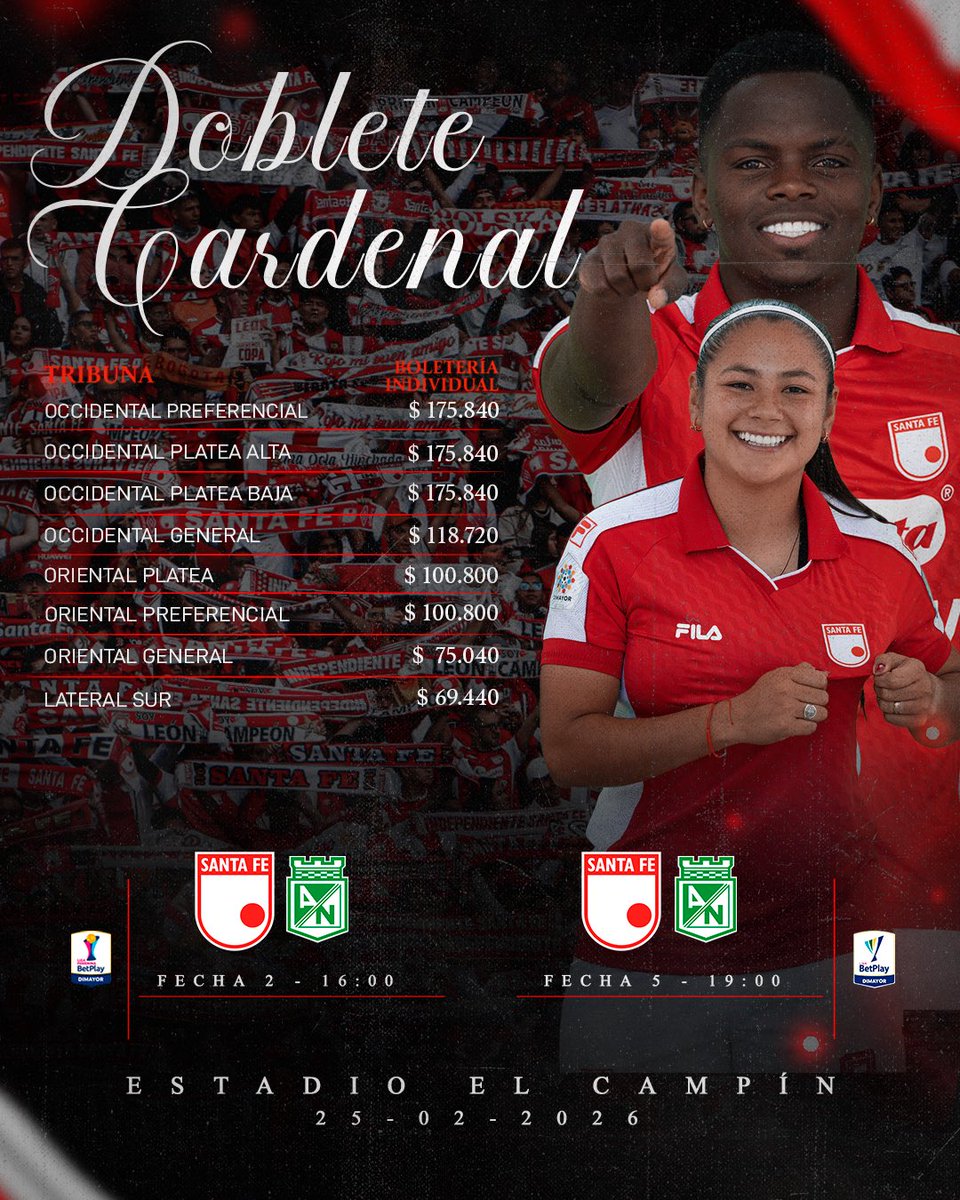 SantaFe's tweet image. ¡El miércoles tenemos Doblete Cardenal 🇮🇩 ante Atlético Nacional!

Acompáñanos en El Campín 🏟️ con las #Leonas a las 16:00 y los Leones a las 19:00 🦁

¡Te esperamos 🫶🏻! Adquiere tus entradas 👉🏻 bit.ly/4aGQGdO
