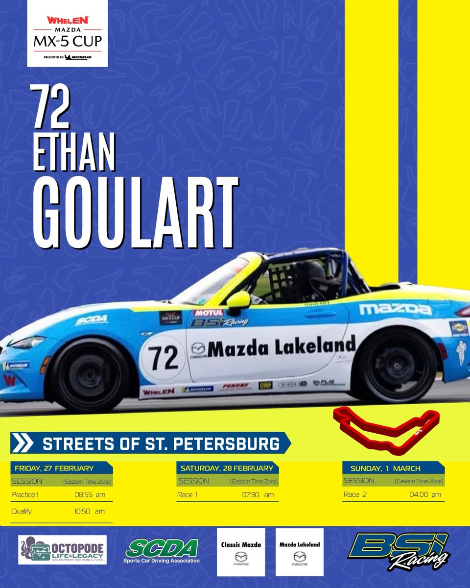 EthanGoulart72's tweet image. Race Week! Rounds 3 and 4 of MX-5 Cup at the Grand Prix of St. Petersburg!

@BSIRacingTeam/#bsibuilt