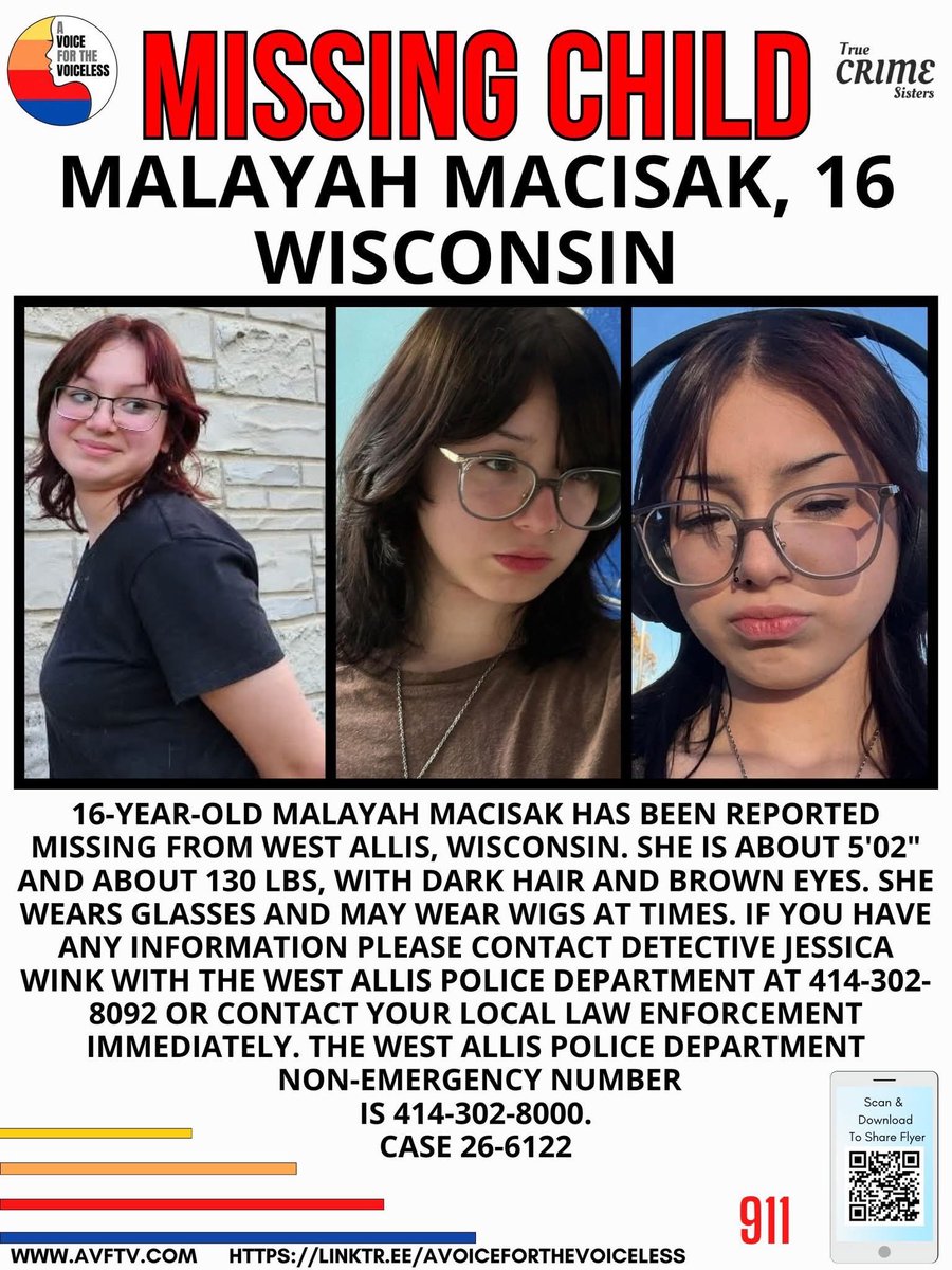 🚨 MISSING CHILD 🚨 16-year-old Malayah Macisak has been reported missing from West Allis, Wisconsin. She is about 5'02" and about 130 lbs, with dark hair and brown eyes. She wears glasses and may wear wigs at times.

📲 If you have any information on Malayah’s whereabouts,