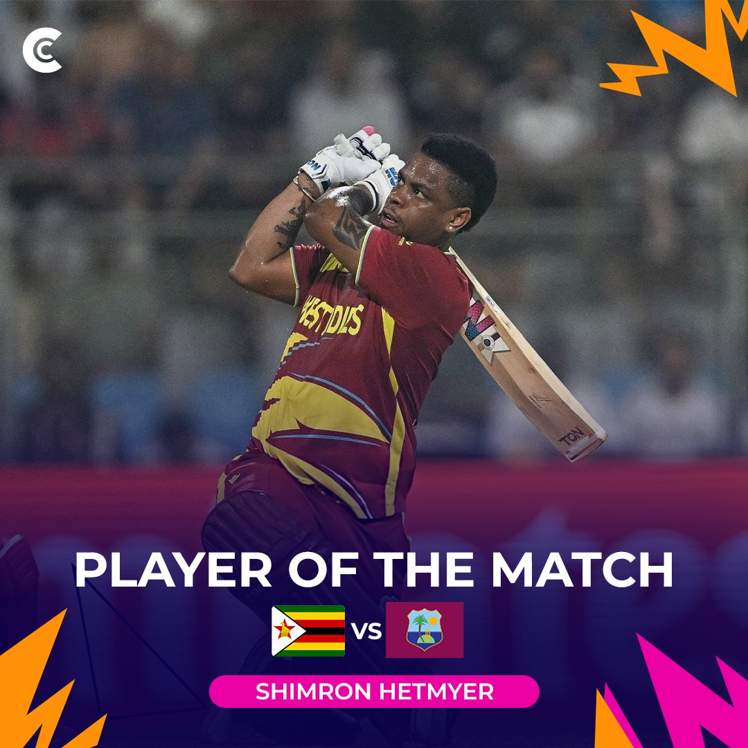 Criccore74's tweet photo. Shimron Hetmyer is the Player of the Match for his record-breaking 85 off 34 balls. His 19-ball half-century is now the fastest by a West Indian in T20 World Cup history! 🏆🌴

#WIvsZIM #ShimronHetmyer #T20WC26 #T20WORLDCUP2026 https://t.co/0mbph3vsFQ