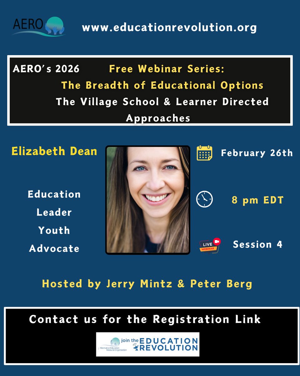 edualternatives's tweet photo. Join us this Thursday 2/26/26 - 8 pm EST for a chat with Dr. Elizabeth C. Dean on learner directed approaches and what that looks like at the Village School. See you then! Message us for registration link. 

#learnerdirected #educationfreedom #trustingkids https://t.co/U6gWoO11Cm