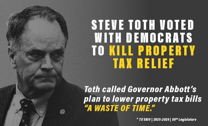 CrenshawWarRoom's tweet photo. Last legislative session, State Rep. Steve Toth sided with Democrats to kill legislation that would have capped property tax increases. Toth's NO vote cost Texas homeowners over $1 BILLION.

The plan was backed by Governor Abbott, Lt. Governor Dan Patrick, Senator Paul Bettencourt, and a supermajority of Republicans. Liberals opposed it because it would have stopped reckless local spending.

SB 10 required cities and counties to get voter approval before raising property taxes more than 2.5%. It was a clear Republican priority. Yet Toth voted NO.

When your property tax bill goes up, remember: Steve Toth voted for higher taxes.