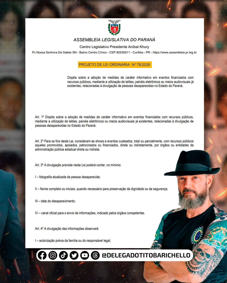 Apresentei um Projeto de Lei que propõe a divulgação de fotos e informações de pessoas desaparecidas em telões de shows e eventos financiados com recursos públicos no Paraná.

A iniciativa amplia a visibilidade dos casos e fortalece a colaboração da sociedade nas buscas por