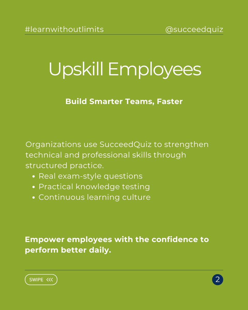 Succeed_Quiz's tweet photo. Organizations don’t just train, they prepare for success
Swipe to see how companies use SucceedQuiz to upskill employees and monitor exam readiness
Smarter learning starts here.
#SucceedQuiz #WorkplaceLearning #EmployeeDevelopment #EdTech https://t.co/cBTIvxKsKY