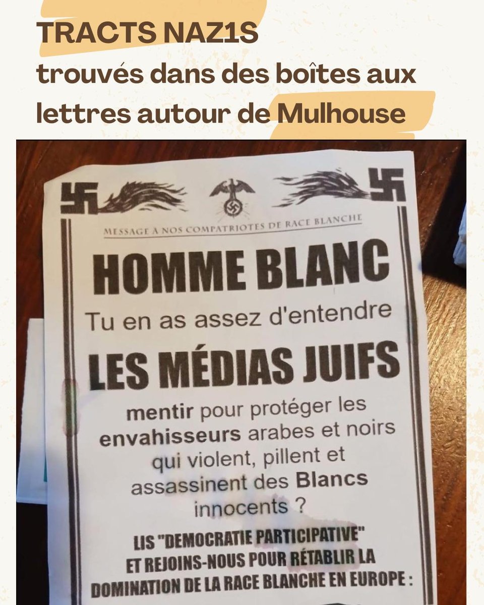 CerveauxNon's tweet photo. Des tracts d’extrême droite ont été distribués à Mulhouse. Ces mêmes tracts avaient déjà été distribués dans la région en 2023. 

Organisation obscure, discours de haine, références idéologiques très claires et absolument pas cachées.

Mais apparemment, le danger, ce sont ceux qui combattent le rac1sme...

Source : l'Alsace