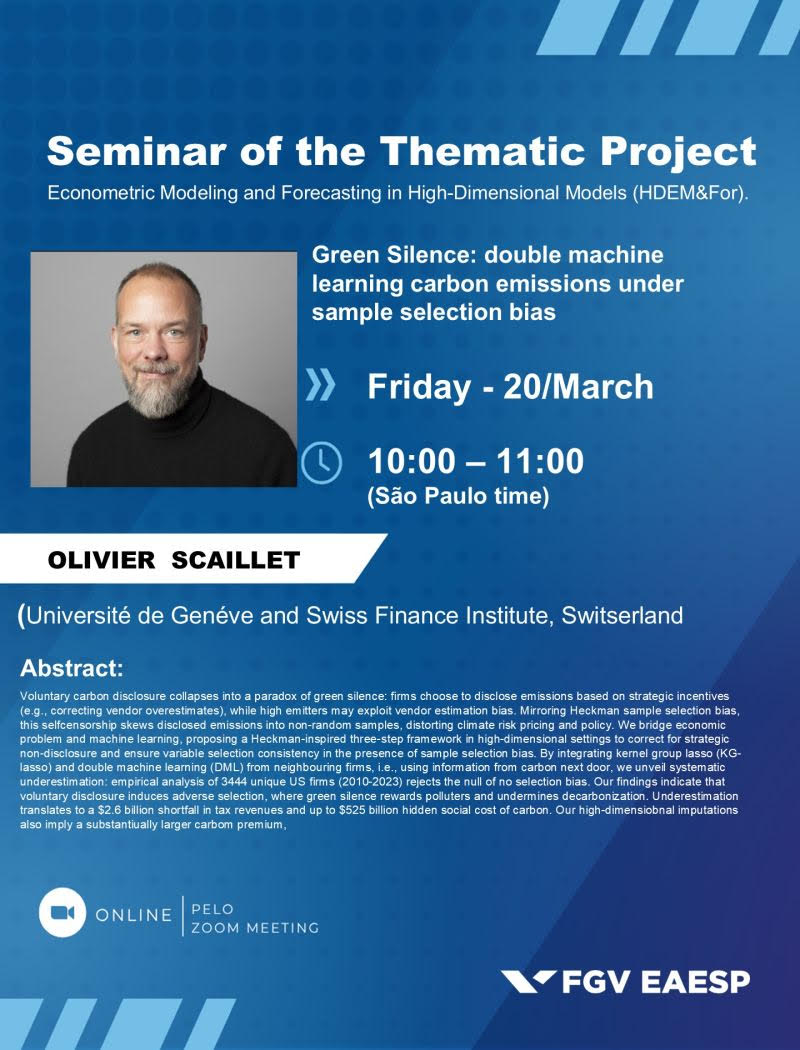 CEQEF's tweet photo. Online seminar 🌱
Olivier Scaillet (Université de Genève) presents “Green Silence”, on bias in emissions disclosure and its impacts on climate risk and public policy.
📅 Mar 20, 2026
⏰ 10:00 a.m. (São Paulo time)
🔗 Register: https://t.co/w0Pv3J1MpP https://t.co/ZqCDJTtH69