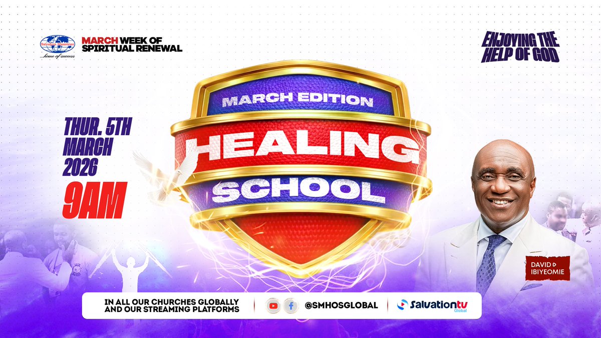 Healing School is here again.

Encounter God’s healing power.
Experience restoration.
Receive your miracle.

March Edition – Healing School
Thursday, 5th March 2026
9AM

In all our churches globally and on our streaming platforms.

Be there.

#SMHOS #HealingSchool #MARCHWOSR