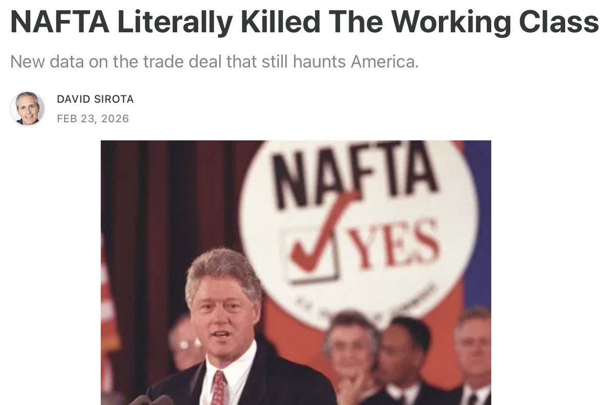 🚨NEW DATA: When a Democratic president joined with Republicans &amp; corporate donors to pass NAFTA, it killed the working class - not just figuratively, but LITERALLY. 

NAFTA may be memory-holed - but it is the sliding-door moment that explains American politics today.