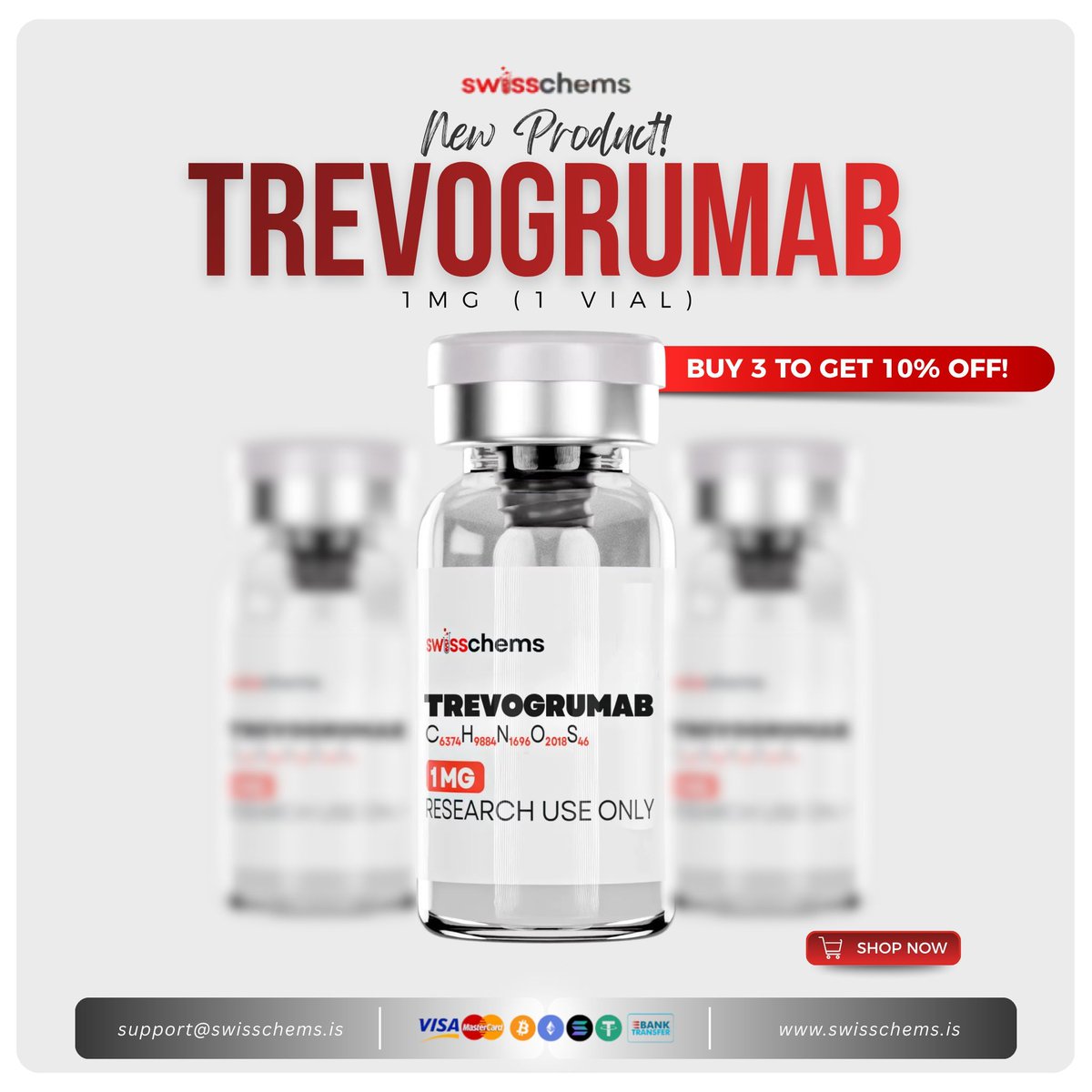 🧪 New Release

Trevogrumab (1 mg | 1 Vial) is now available at SwissChems.
🔬 Investigated in myostatin signalling research
🔬 Monoclonal antibody with defined molecular targeting
🔬 Lab-verified, research-grade quality

👉 View product:
swisschems.is/product/trevog…

Use code CC10 to