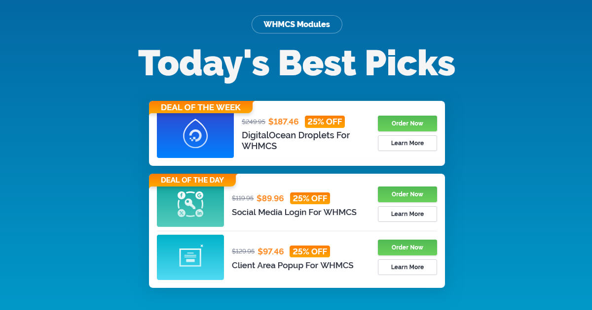 Another week, another set of deals you'll love! ❤️

Grab your favorite while the 25% discount lasts:

✦ #DigitalOcean Droplets For #WHMCS:
modulesgarden.com/products/whmcs…

✦ Social Media Login For WHMCS:
modulesgarden.com/products/whmcs…

✦ Client Area Popup For WHMCS:
modulesgarden.com/products/whmcs…