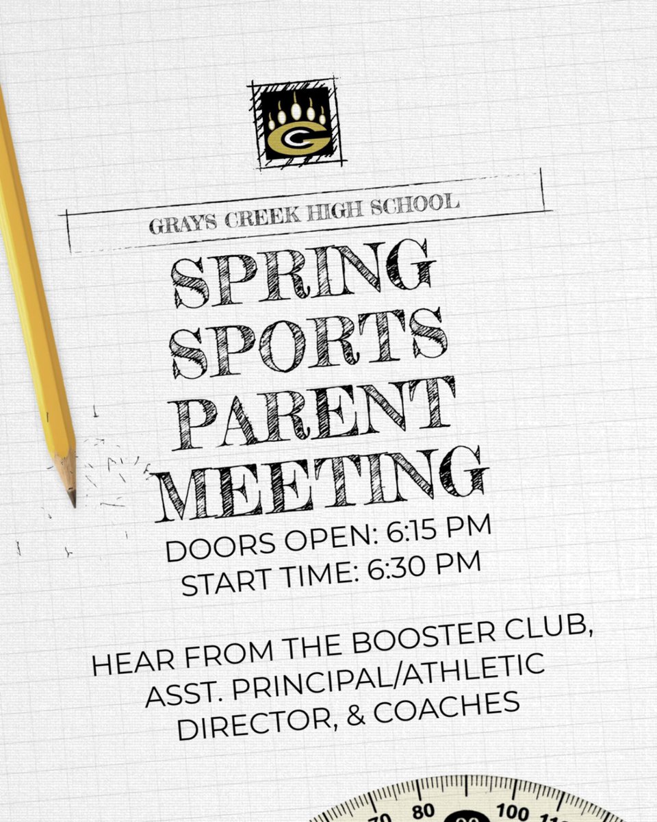JOIN US TONIGHT FOR OUR SPRING SPORTS PARENT MEETING!  WE WILL MEET IN THE MAIN GYM TO START, YOU'LL HEAR FROM OUR BOOSTER CLUB PRESIDENT - DR. MATHIS, OUR AP/AD - MR. STONE, AND THE HEAD COACHES - SEE YOU THERE! 

#GOBEARS
