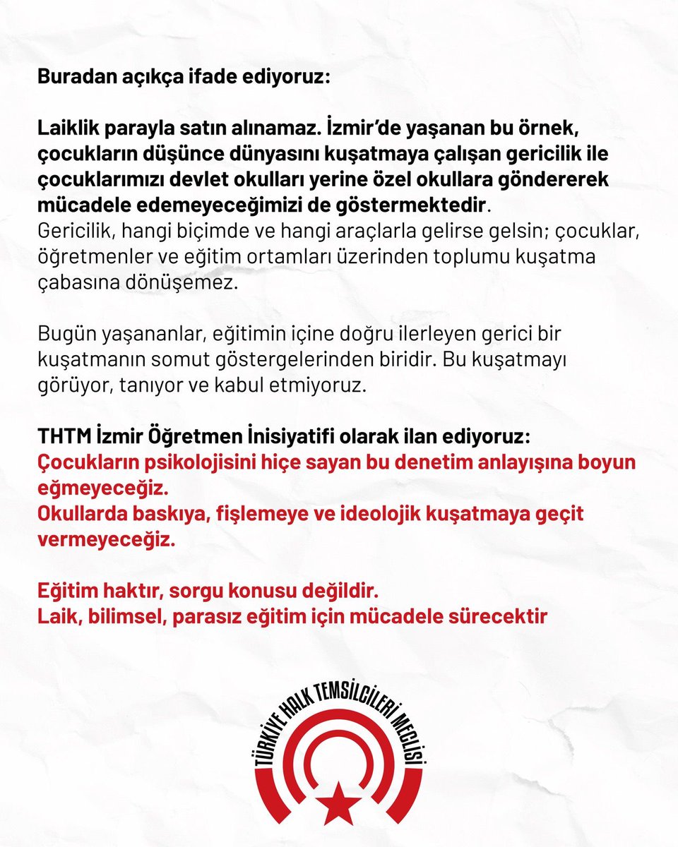 Thtmogretmen35's tweet photo. İzmir’de Tevfik Fikret Okulları’nda 9 yaşındaki çocukların okula gelen müfettişler tarafından velilerinden habersiz şekilde ayrı odalara alınarak sorgulandığı iddiaları kamuoyuna yansımıştır. Bu uygulama, laik ve bilimsel eğitime yönelik müdahalelerin yeni bir adımıdır. https://t.co/vSzWKNr5AD