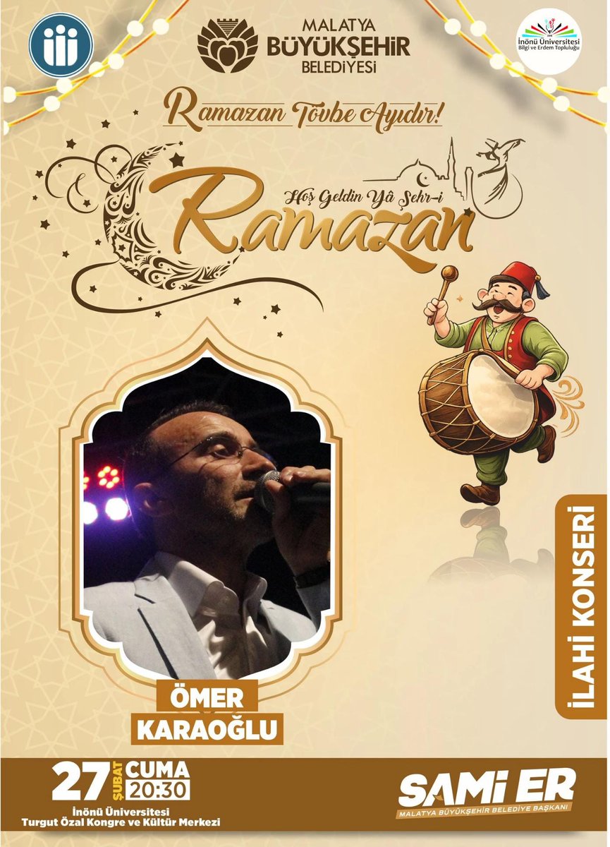 Malatya Büyükşehir Belediyesi ve İnönü Üniversitesi iş birliğiyle düzenlenen bu özel gecede, Ömer Karaoğlu’nun eşsiz yorumuyla ilahi konserinde buluşuyoruz. Ramazan ayının huzurunu ve bereketini notalarla karşılamak için yerinizi ayırmayı unutmayın.
​🗓 Tarih: 27 Şubat Cuma