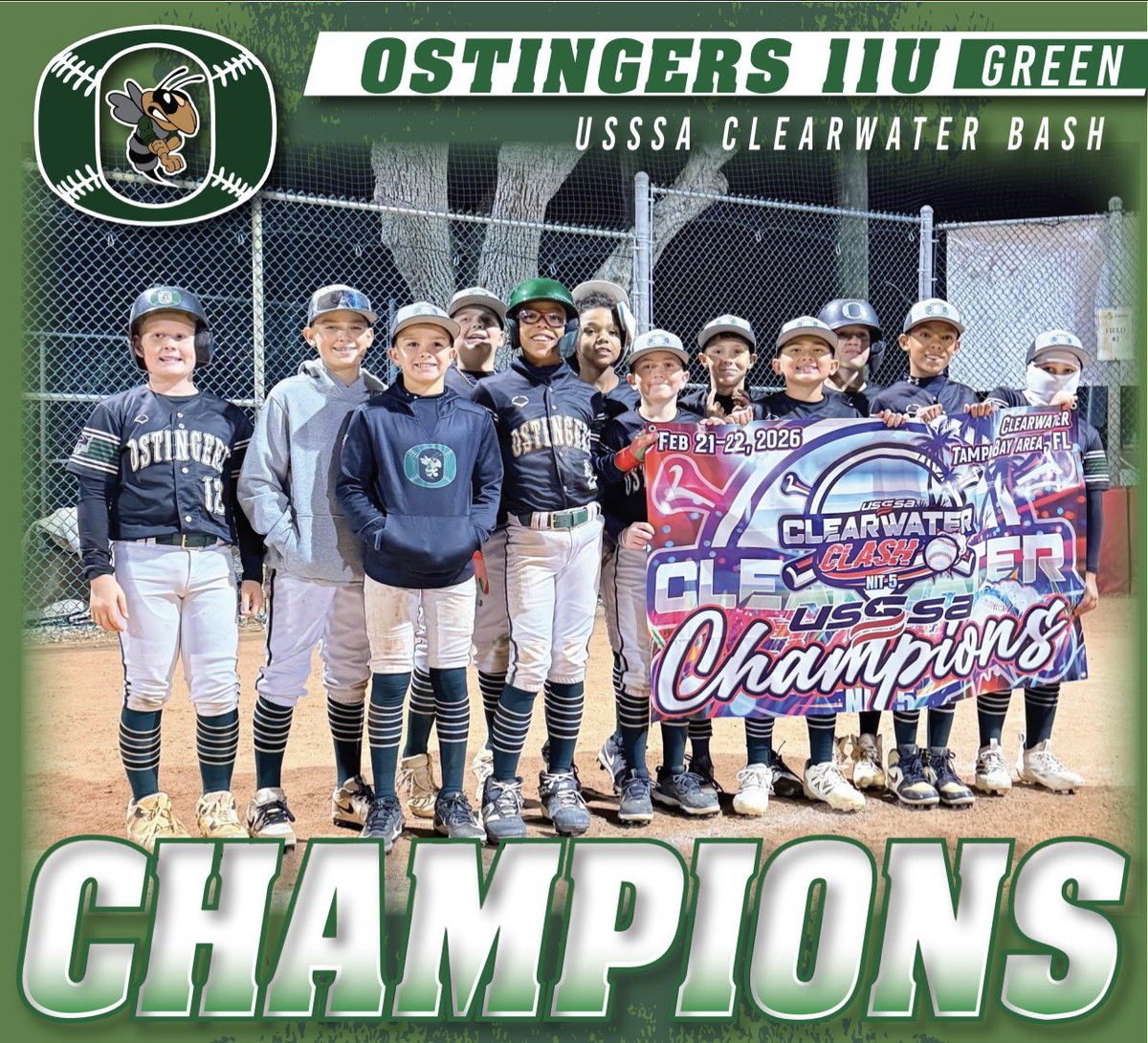 OstingerAcademy's tweet photo. Congratulations to our Ostingers Baseball Club 11u Green on winning the USSSA Clearwater Bash this weekend! 

Job well done battling the weather and a long Sunday. 

Out scoring their opponents 64-21 and going 5-0 to win the 'ship! #1%Better #teamwin #PoweroftheO https://t.co/Wiym0TmLQa