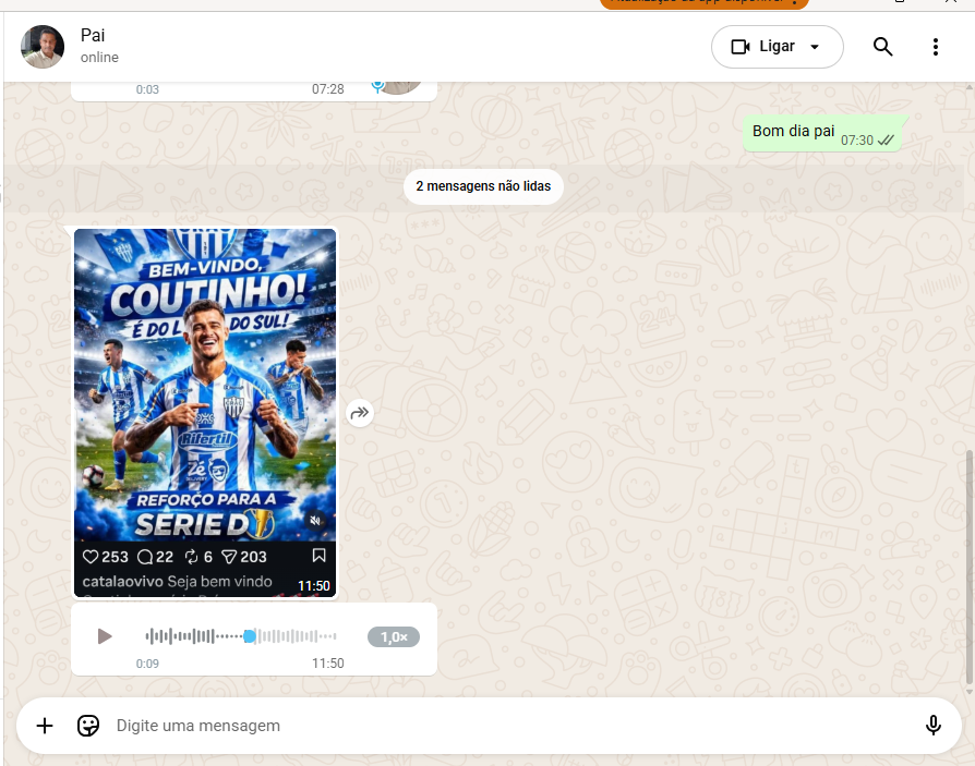 o que a IA está fazendo com o pai é sacanagem. Acabou de mandar um áudio emocionado com a chegada do Coutinho ao CRAC Catalano para a disputa da serie D