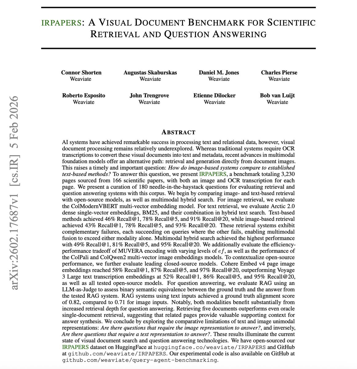 Hey everyone! I am super excited to share that our new research report is live on ArXiv! 🎉

IRPAPERS: A Visual Document Benchmark for Scientific Retrieval and Question Answering!

Thread with more details! 🧵(1/11)