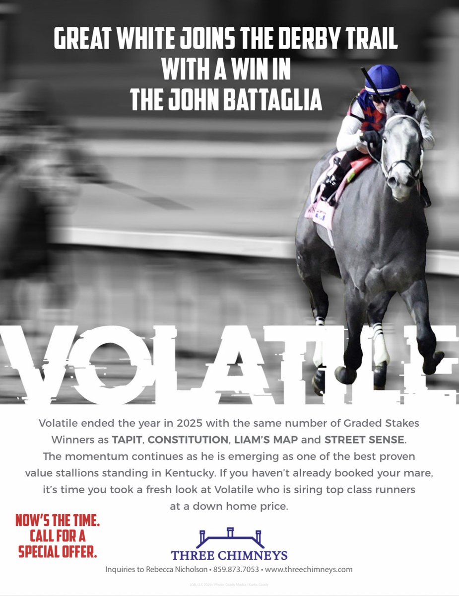 Three_Chimneys's tweet photo. Volatile keeps delivering! 💥

He ended the 2025 season with the same number of Graded Stakes winners as Tapit, Constitution, Liam’s Map and Street Sense. Elite company at a value price.

Now’s the time to book your mare and take advantage of special pricing. 📞 https://t.co/fGGEBVm6y0