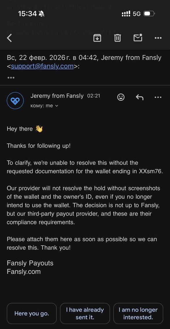 ariel_waves's tweet photo. Hey @FanslyStaff, crypto payout hold due to flagged unused wallet (setup mistake, no payout sent). Verified current wallet with screenshots, but provider requires ID for temp one. Alternatives like Paxum ignored in support. Can you escalate? Ticket in chat. Thanks! #FanslyPayout https://t.co/n97STEvtkm