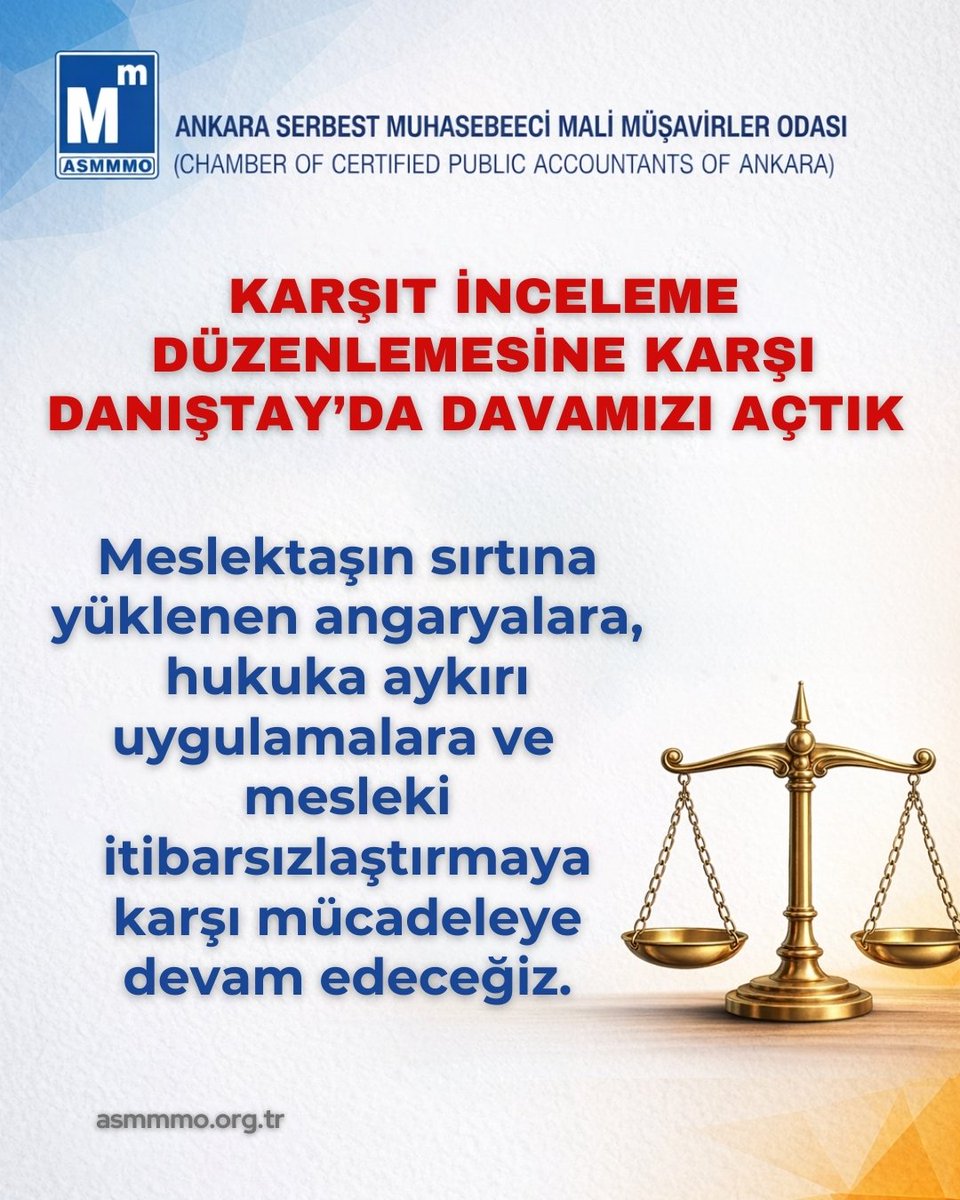 Karşıt inceleme düzenlemesine karşı danıştay’da davamızı açtık. Meslektaşın sırtına yüklenen angaryalara, hukuka aykırı uygulamalara ve  mesleki itibarsızlaştırmaya karşı mücadeleye devam edeceğiz.  

#ASMMMO
#AnkaraSMMM
#MeslekMücadelesi
#MeslekiDayanışma
#HukukunÜstünlüğü