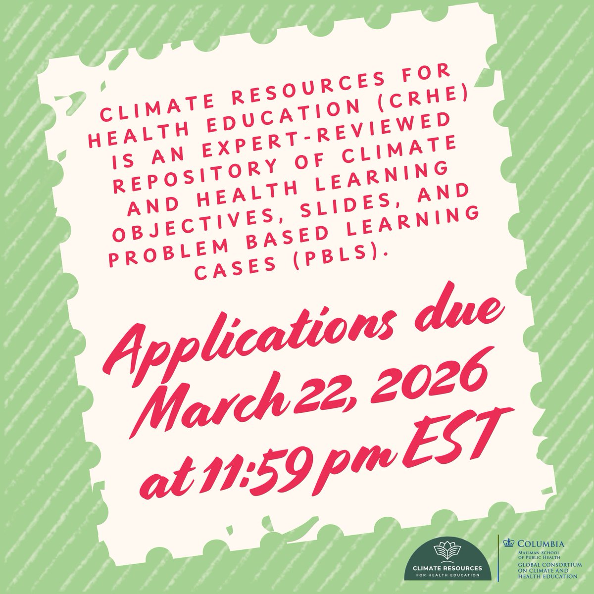 GCCHE_'s tweet photo. The GCCHE'S Climate Resources For Health Education (CRHE) initiative is recruiting new student leaders for 2026-2027. Explore the open positions and review the application at https://t.co/34IURvqqo5 https://t.co/vkU61mVGOt
