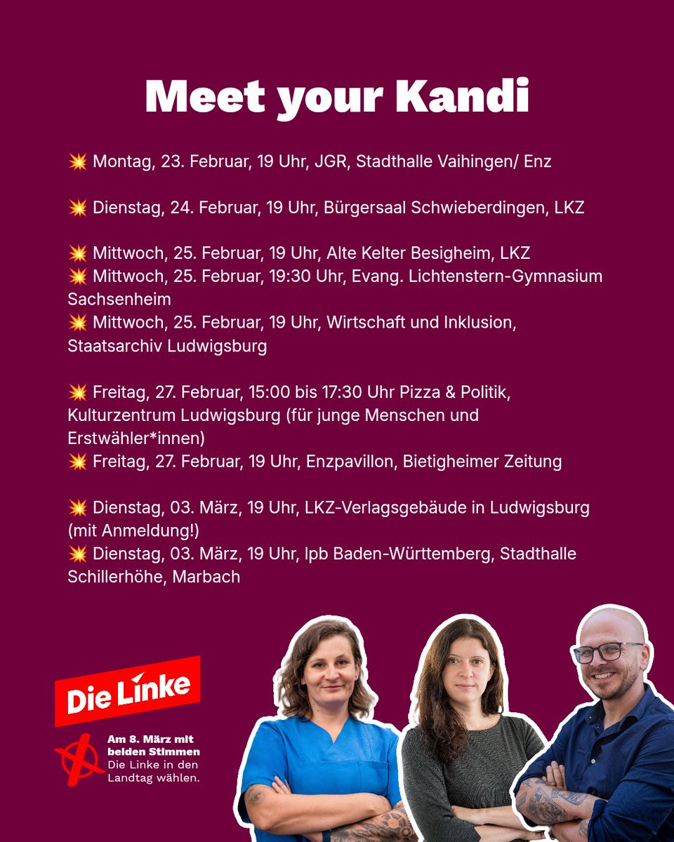 dielinke_LB's tweet photo. Unterstützt unsere 3 tollen Kandidierenden: #NadjaSchmidt im Wahlkreis Ludwigsburg, #SteveBurgstett im Wahlkreis Vaihingen &amp; #Ingrid Petri im Wahlkreis Bietigheim ✊

Und nicht vergessen: Am 8. März mit beiden Stimmen #DieLinke in den Landtag wählen!

#ltwb26 #Linke #Landtag https://t.co/ZckzTEmc5m