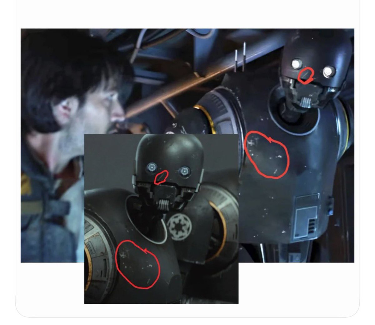 CHARLOT21755647's tweet photo. A favourite piece of Andor bts lore is that the production team decided that the KX droid that stares at Syril before the Ghorman massacre AND kills Enza Rylanz is K-2SO… but that Tony Gilroy only realised this when his son told him about a social media post about it. https://t.co/YgfsFaarGH