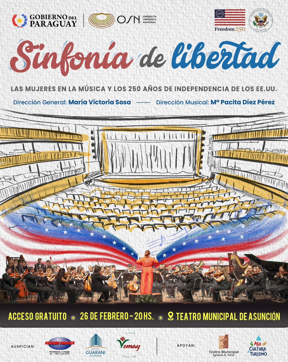 Dando inicio oficial a las celebraciones por los 250 Años de Independencia de los Estados Unidos, en el marco de <a href="/Freedom250/">Freedom 250</a>, te invitamos a ser parte de la Sinfonía de la Libertad, iniciativa conjunta con <a href="/lasinfonicapy/">OSN PARAGUAY</a>.
Este homenaje a los lazos culturales que fortalecen la