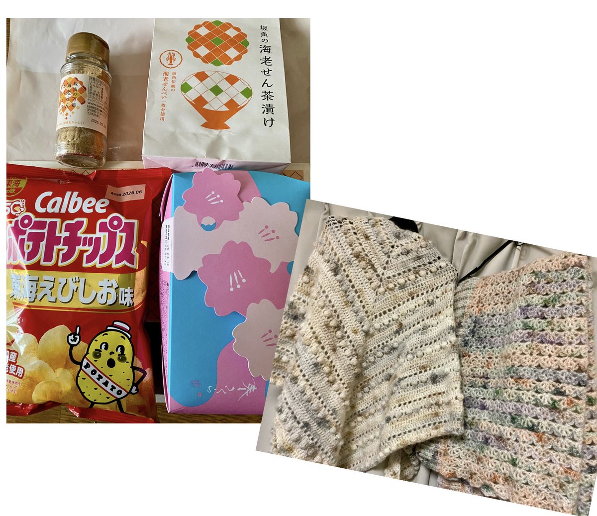 Lightning_marsa's tweet photo. 贈り物を頂きえびせんのお茶漬けや
スパイス調味料に
ショール（左）カーディガン（右）と
くださいました😆✨
ありがとうございます☺

大事に使わせていただきます🌷 https://t.co/wGkBD0NwVi