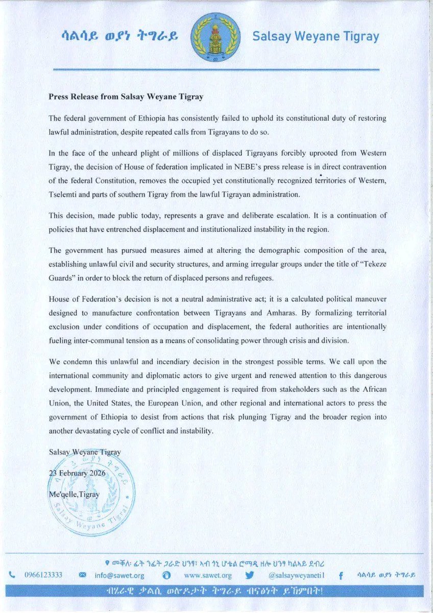 Goyteom37's tweet photo. Press Release from Salsay Weyane Tigray

The federal government of Ethiopia has consistently failed to uphold its constitutional duty of restoring lawful administration, despite repeated calls from Tigrayans to do so. 

@_AfricanUnion @amnesty @USEmbassyAddis @NEBEthiopia https://t.co/xIiiPl026D