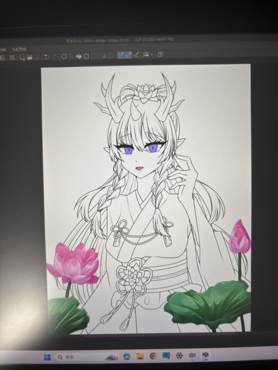 本日の進捗 蓮の花の線画は素材だけど塗り頑張ったことない？？ 明日