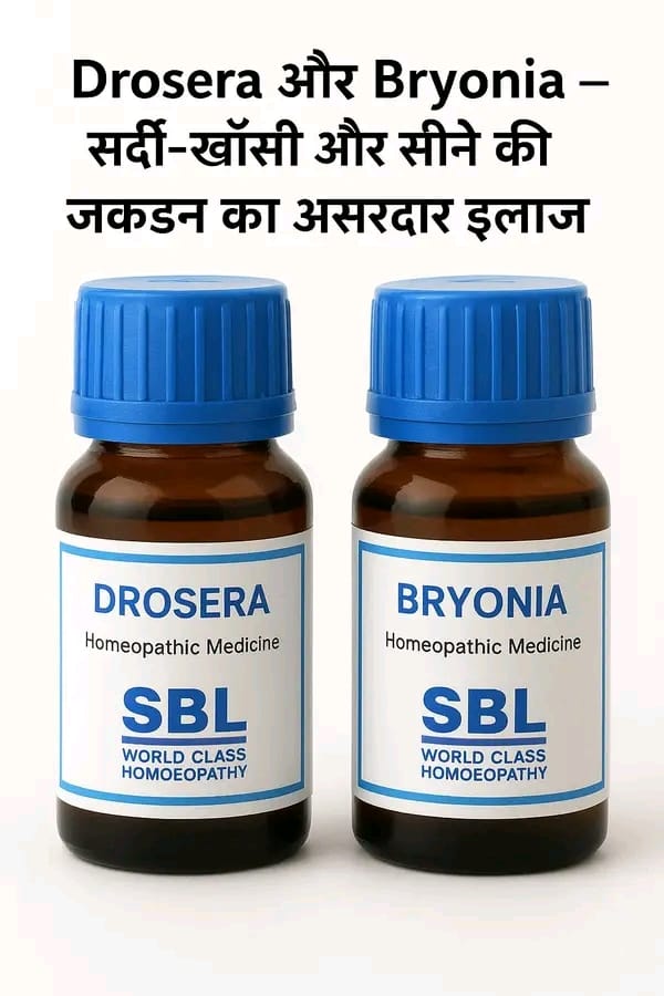 Drosera और Bryonia – सर्दी-खाँसी और सीने की जकड़न का असरदार इलाज....

क्या आपको बार-बार खाँसी होती है जो रुकने का नाम नहीं लेती?
या सर्दी-जुकाम के साथ सीने में भारीपन और दर्द महसूस होता है? 
तो जान लीजिए — होम्योपैथी की दो शानदार दवाएँ Drosera और Bryonia Alba आपकी मदद कर सकती