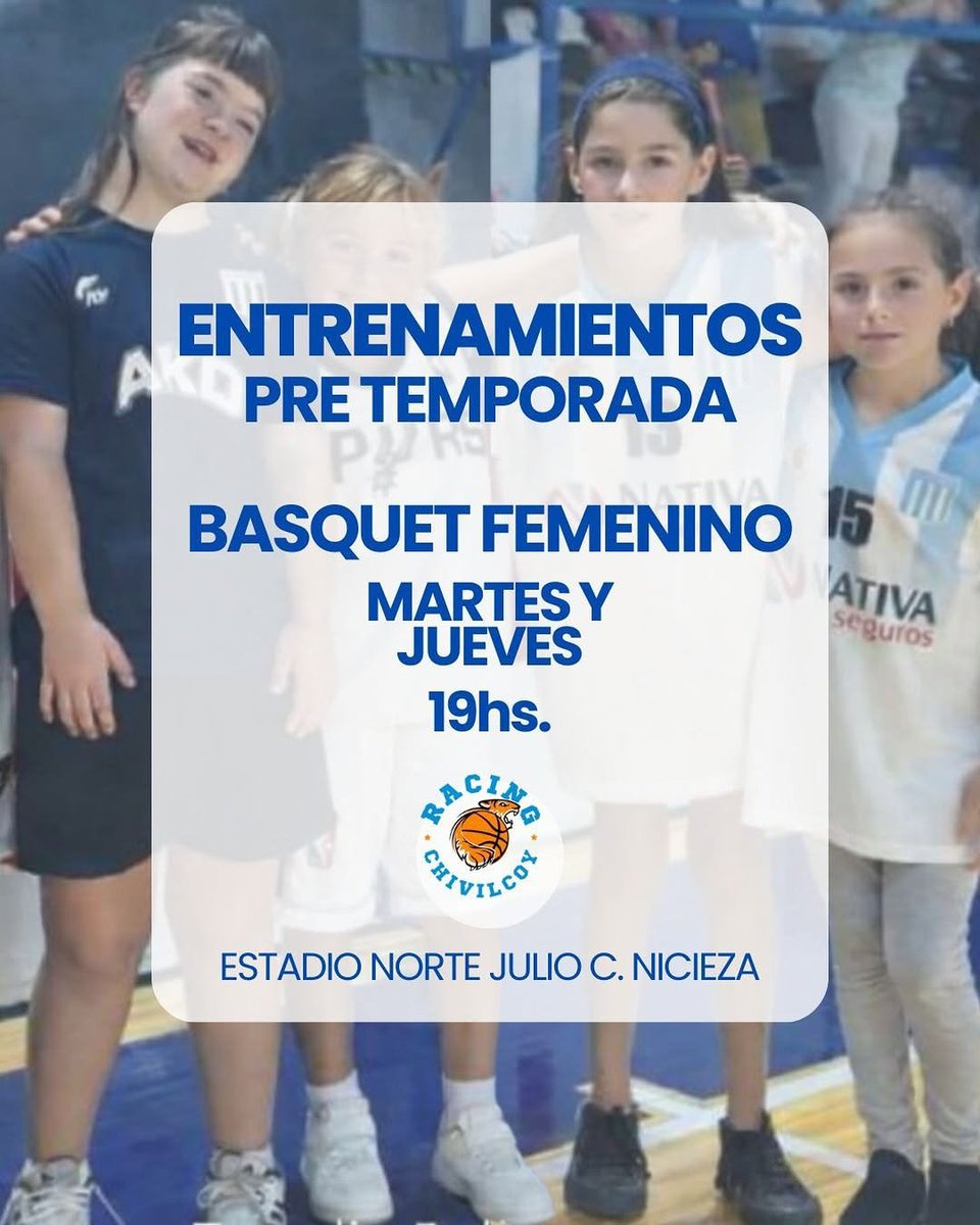 💙 🏀 El básquet femenino sigue creciendo en Racing Club Chivilcoy y queremos que vos seas parte.

💪✨ Te esperamos para entrenar, aprender y disfrutar en equipo: 

📅 Martes y jueves 
🕖 19:00 hs. 

Sumate al básquet femenino del club, sumate a Racing 💙 ¡Te estamos esperando!