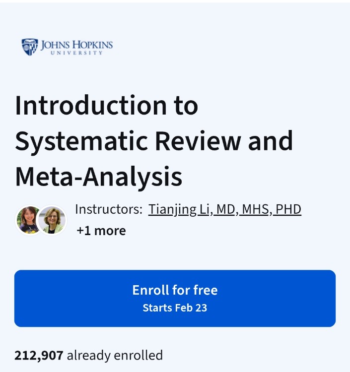 DrasmaJabeen1's tweet photo. Free online course by Johns Hopkins University Introduction to systematic Review and Meta Analysis #freecourse #freeonlinecourse https://t.co/IyM9GJAl2m https://t.co/rfQLEJhOyI