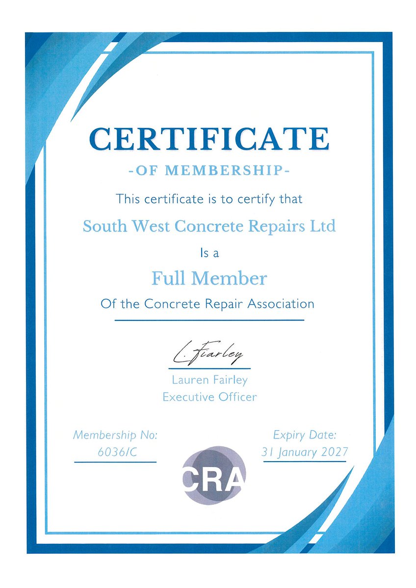 SWCRltd's tweet photo. We are happy to say we have been accredited with the Concrete Repair Association (CRA) for another year. https://t.co/5Be0HBYWBM