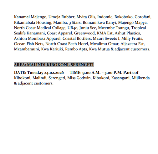Good Evening. The listed areas will be affected by planned power interruptions tomorrow (24th February 2026). The interruption is part of network maintenance. For the advance notice, use bit.ly/31u4jY4. To access the latest schedule, check under the most recent date. You