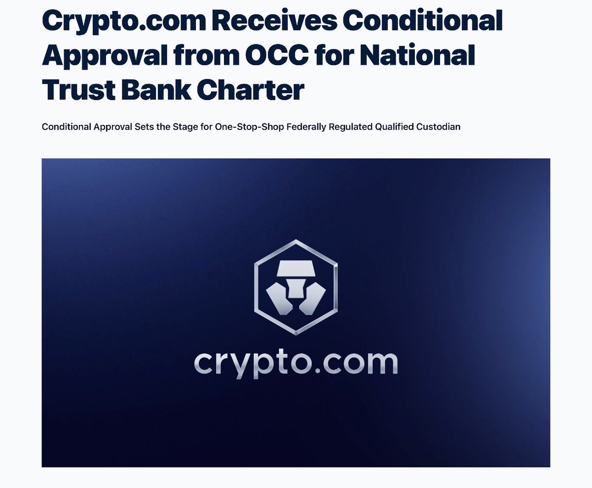 NEW: 🇺🇸@Cryptocom exchange has received conditional approval from the Office of the Comptroller of the Currency to charter Foris Dax National Trust Bank, moving closer to operating as a federally regulated national trust bank in the U.S.