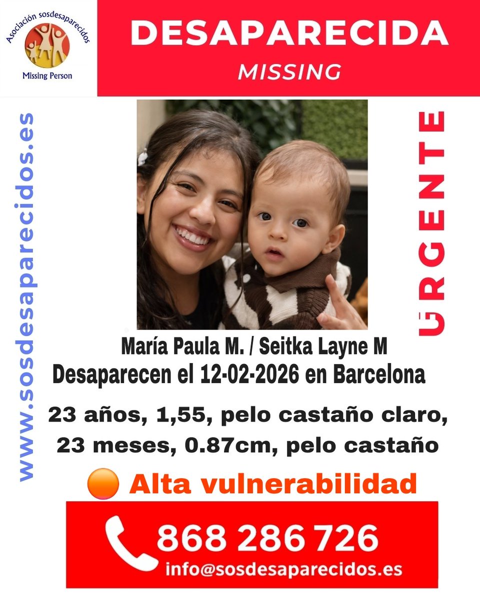 🚨 ALERTA URGENTE – ALTO RIESGO
Peligro inminente para un menor y su madre.
Existen indicios claros de riesgo grave para su vida.
Difusión inmediata. Cada minuto cuenta.