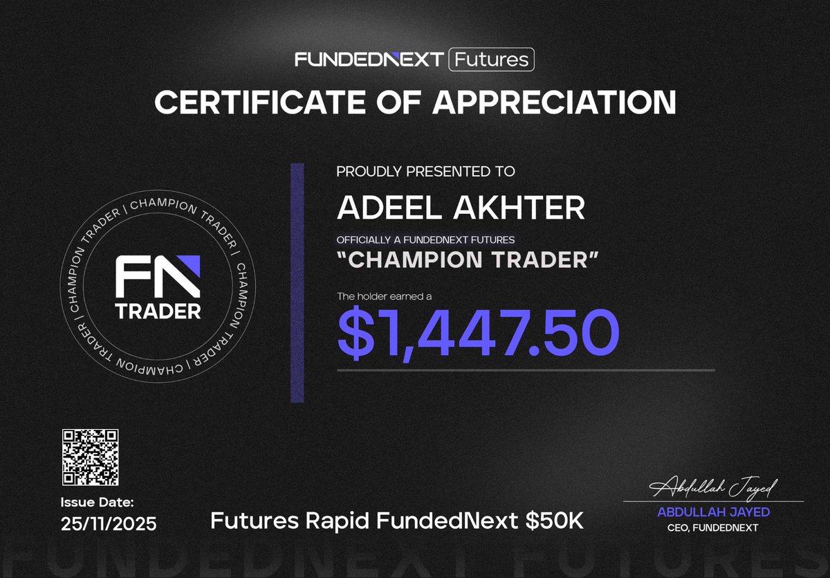 AddelAkhtar32's tweet photo. Proud to receive my payout from @fnfutures. 🏆

Keep grinding, traders! 🔥

#FundedNextPayout https://t.co/gOM8QuYCsT